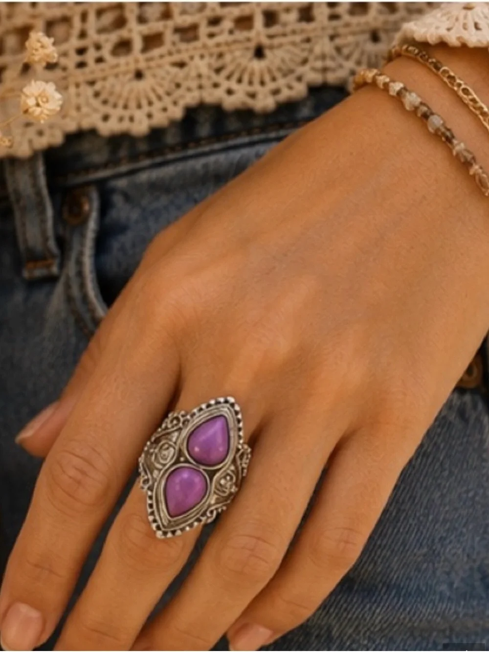 Silver Purple Stone Teardrop Statement Ring